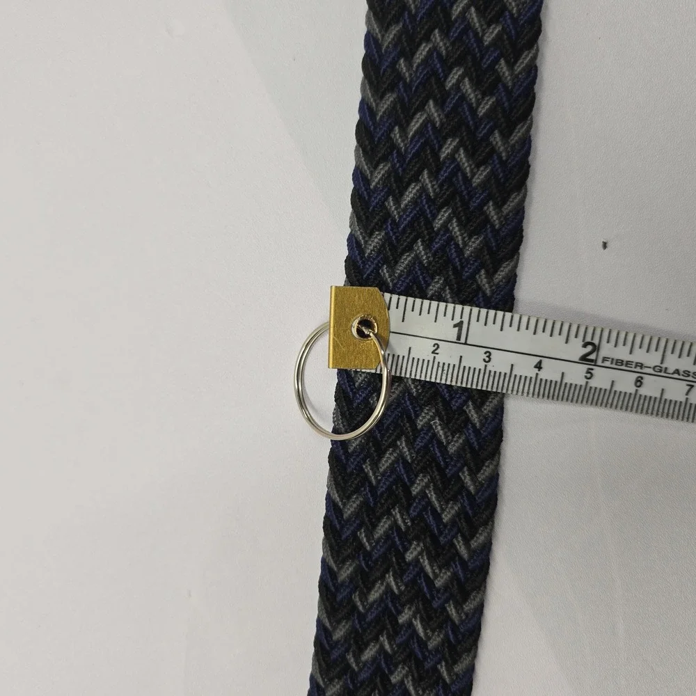 Mens Braided Stretch Belt‎ Navy Blue Grey Woven Elastic Leather Trim L XL 50in